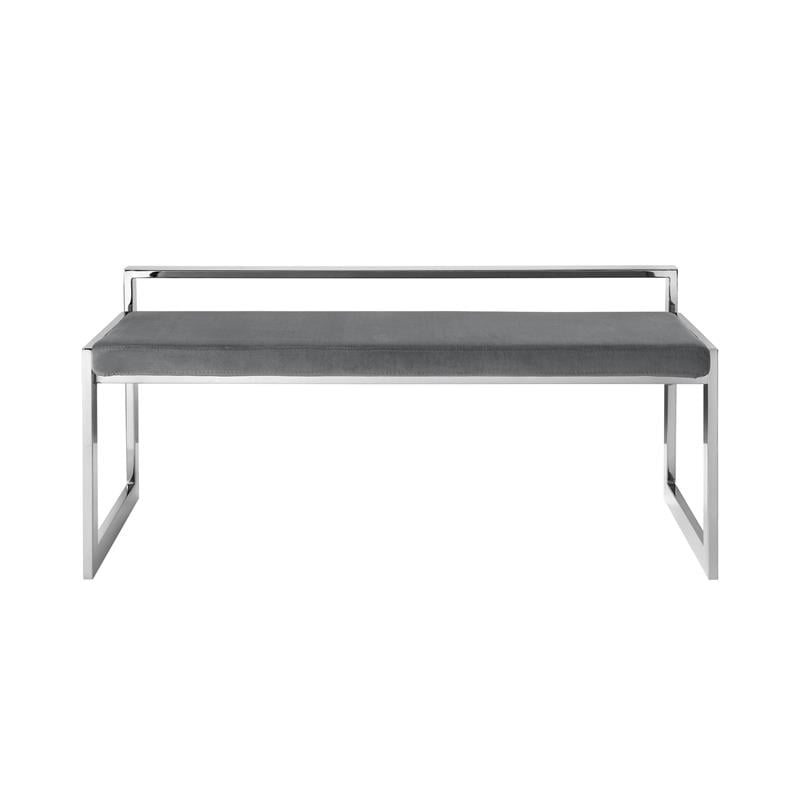 Posh Living Camilo Velvet and Stainless Steel Base Bench in Gray/Chrome