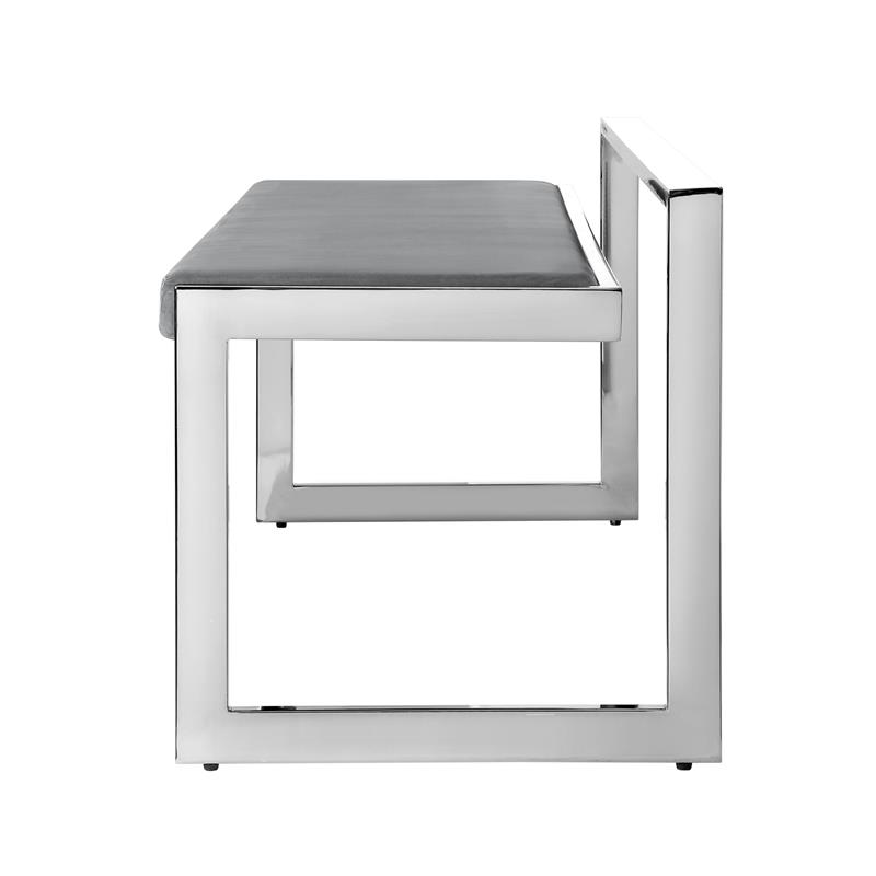 Posh Living Camilo Velvet and Stainless Steel Base Bench in Gray/Chrome