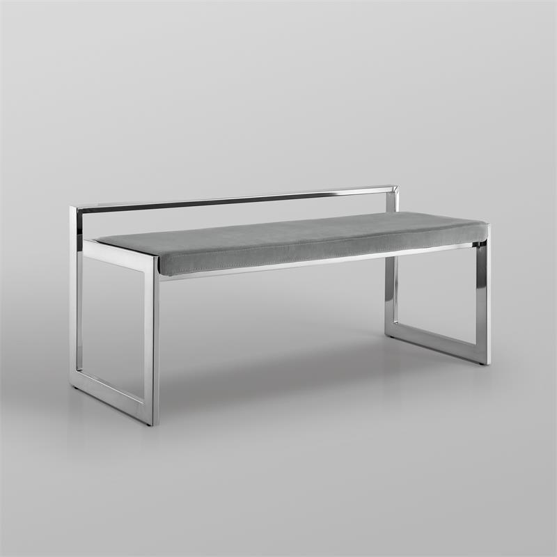 Posh Living Camilo Velvet and Stainless Steel Base Bench in Gray/Chrome