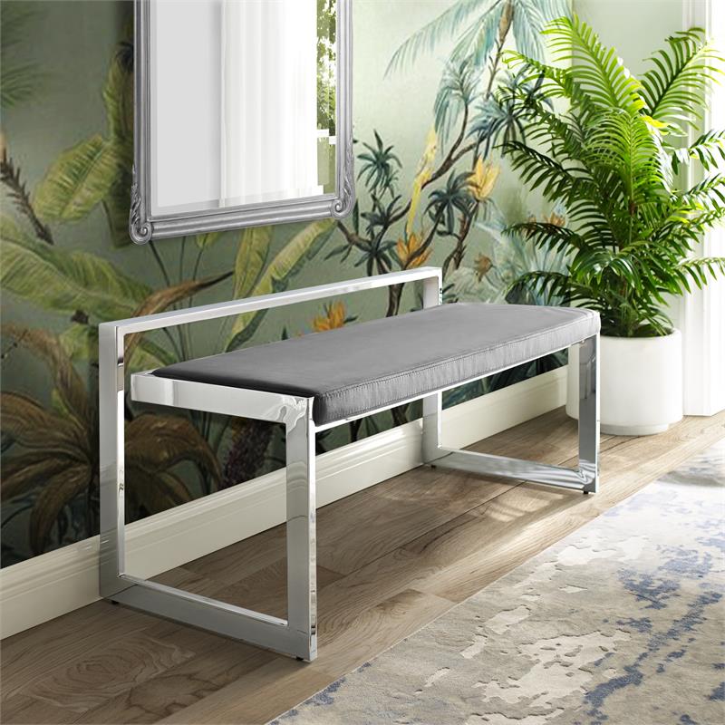Posh Living Camilo Velvet and Stainless Steel Base Bench in Gray/Chrome