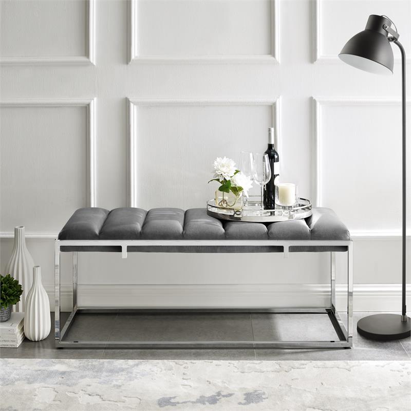 Posh Living Markus Tufted Velvet Bench in Gray/Chrome