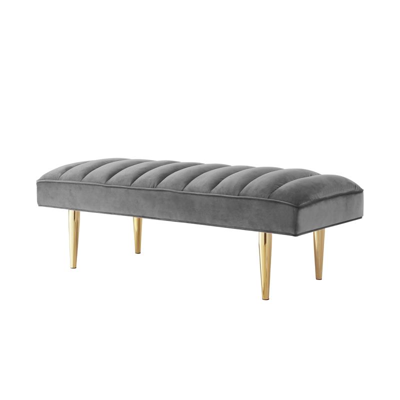 Posh Living Darian Tufted Velvet Bench with Metal Legs in Light Gray/Gold