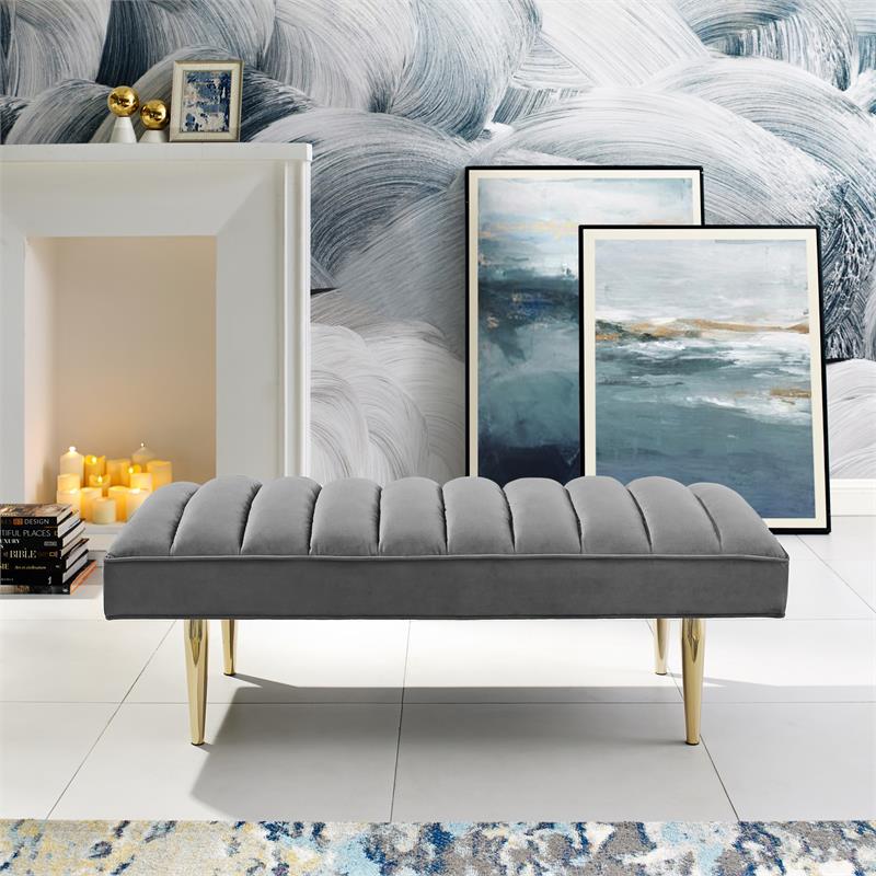 Posh Living Darian Tufted Velvet Bench with Metal Legs in Light Gray/Gold