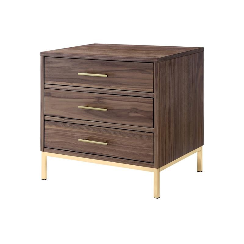 Posh Living Stella 3-Drawer Nightstand with Metal Base in Walnut/Gold