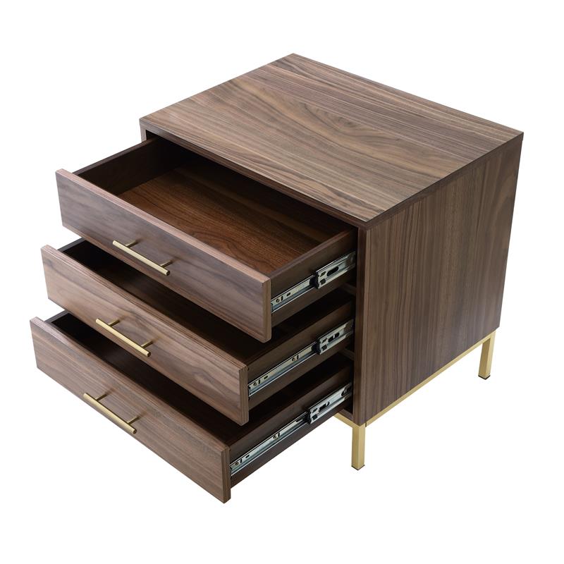 Posh Living Stella 3-Drawer Nightstand with Metal Base in Walnut/Gold