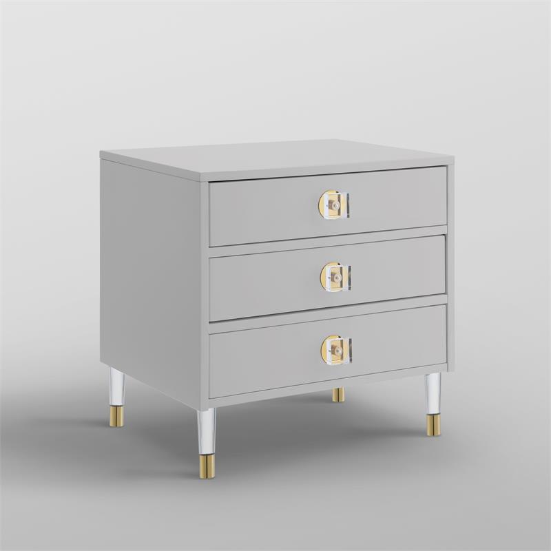 Posh Living Glamuri 3-Drawer Nightstand with Acrylic Legs in Light Gray
