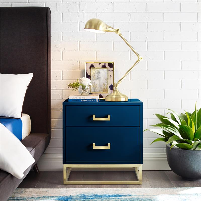Posh Living Stefano 2-Drawer Nightstand with Metal Base in Dark Navy/Gold