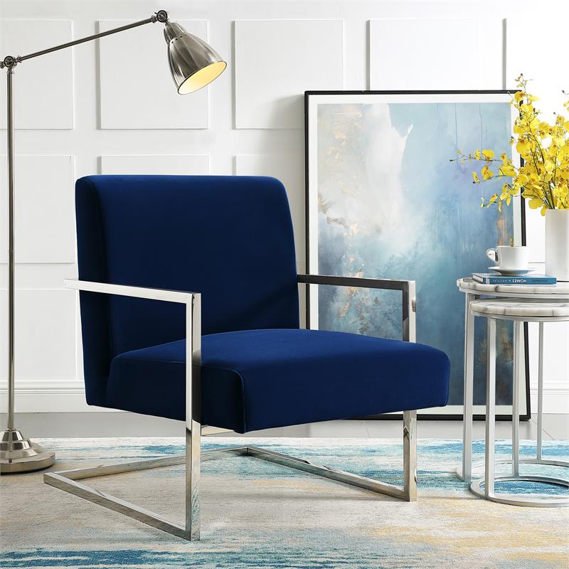 Posh Living Xzavier Velvet Upholstered Accent Chair in Navy/Chrome