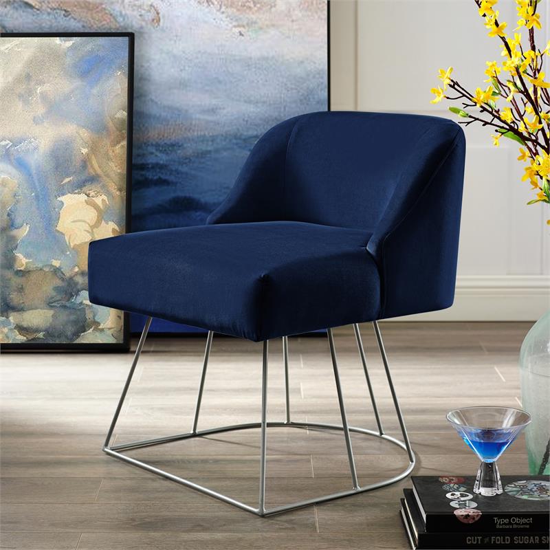 Posh Inspired Home Vinsa Velvet Vanity Stool with Curved Backrest in Navy Blue
