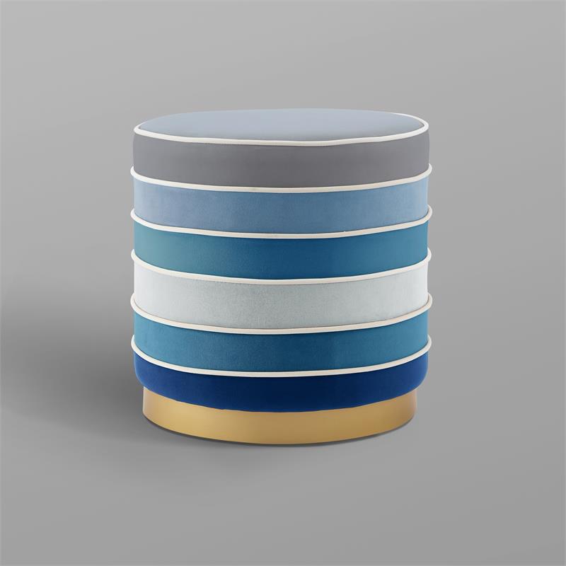Posh Living Binsa Horizontal Striped Velvet Ottoman in Navy Blue