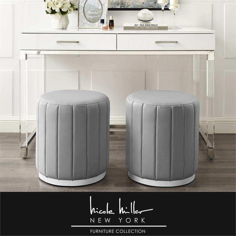 Posh Living Nicole Miller Orpheus Modern Faux Leather Ottoman in Gray/Silver
