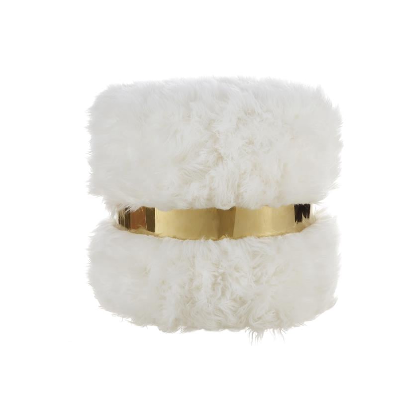 Posh Living Nicole Miller Braydon Faux Fur Fabric Ottoman in Cream White/Gold