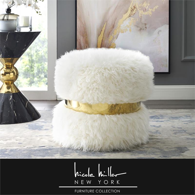 Posh Living Nicole Miller Braydon Faux Fur Fabric Ottoman in Cream White/Gold