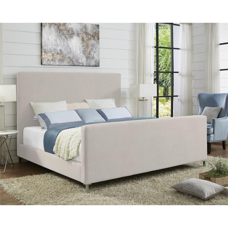 Posh Living Alex Linen Fabric Upholstered Platform King Bed Frame in Beige