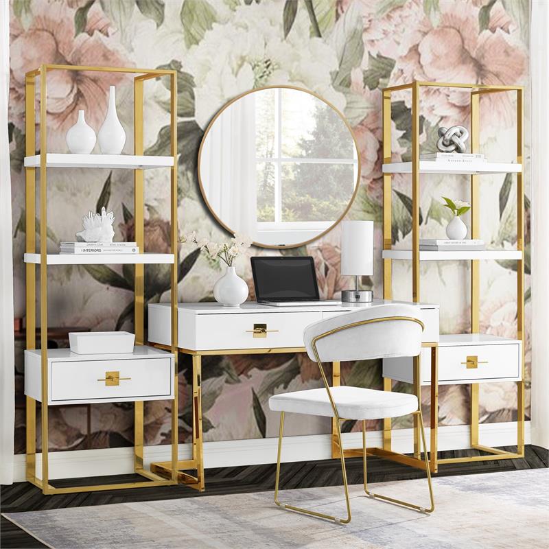 Posh Living Mano Stainless Steel 3-Shelf & 1-Drawer Bookcase White/Gold