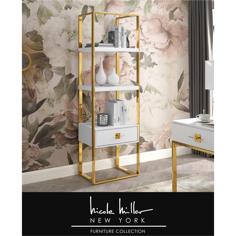 Posh Living Mano Stainless Steel 3-Shelf & 1-Drawer Bookcase White/Gold