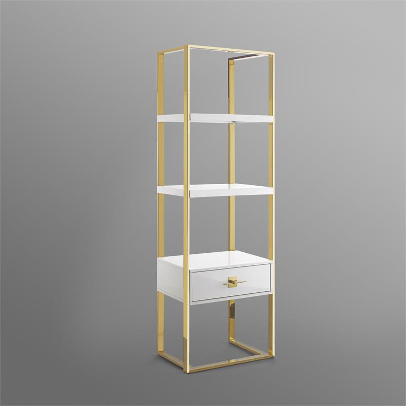 3 Shelf 1 Drawer Bookcase White Gold, White And Gold Bookcase With Drawers
