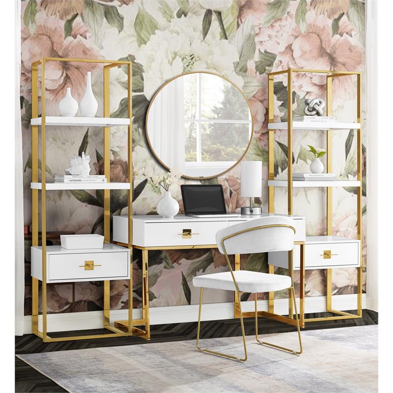 Posh Living Mano Stainless Steel 3-Shelf & 1-Drawer Bookcase White/Gold