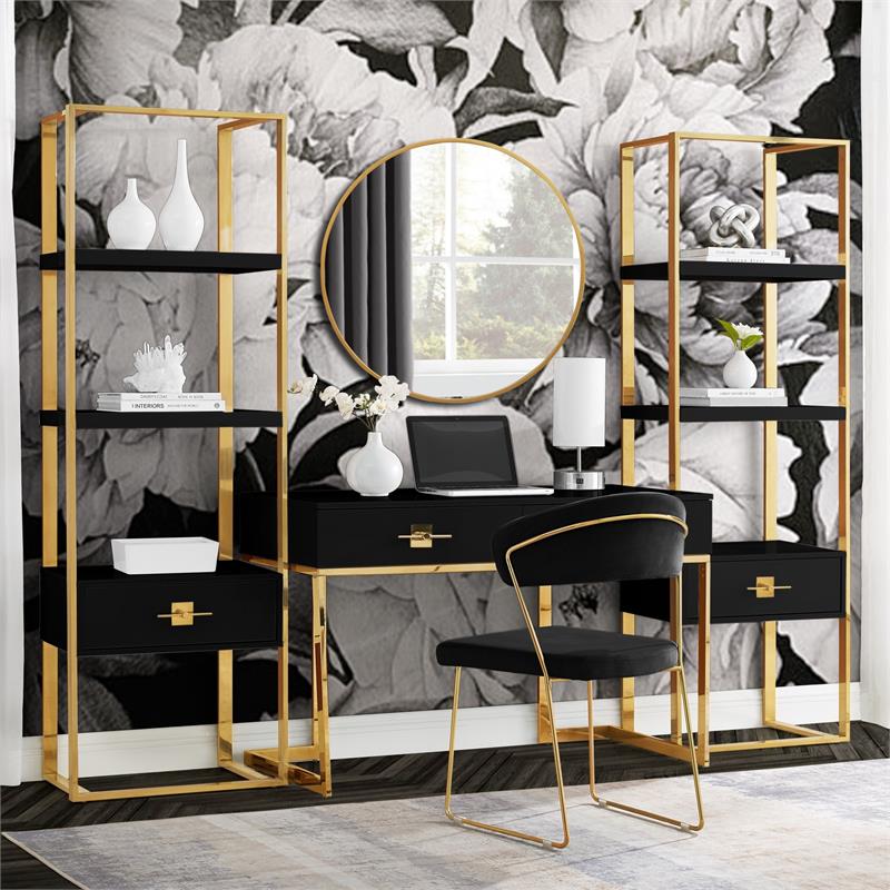 Posh Living Mano Stainless Steel 3-Shelf & 1-Drawer Bookcase Black/Gold