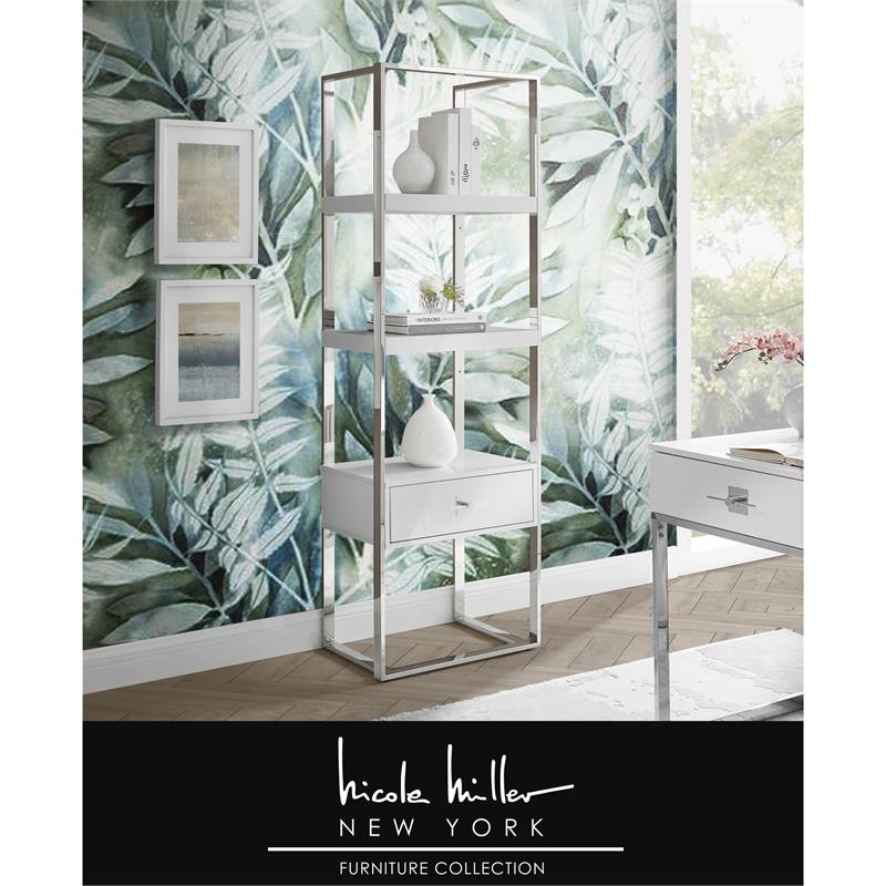 Posh Living Mano Stainless Steel 3-Shelf & 1-Drawer Bookcase White/Chrome