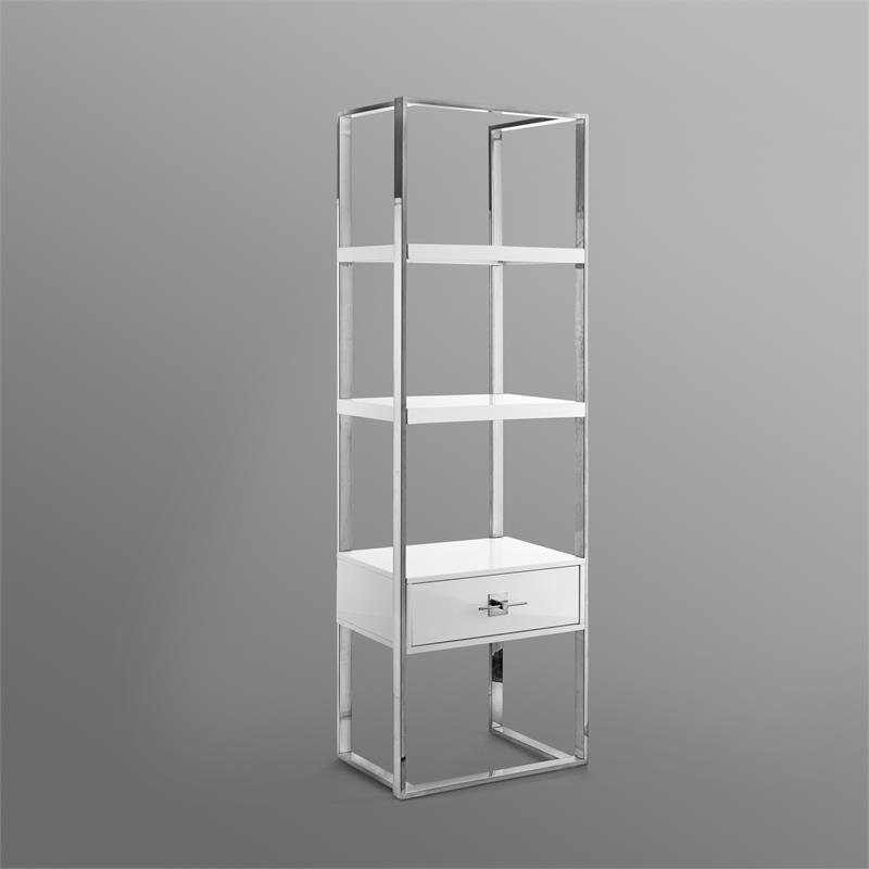 Posh Living Mano Stainless Steel 3-Shelf & 1-Drawer Bookcase White/Chrome