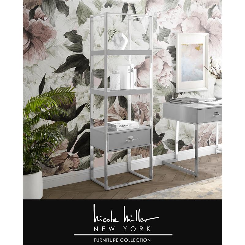 Posh Living Mano Stainless Steel 3-Shelf & 1-Drawer Bookcase Light Gray/Chrome