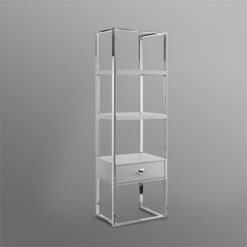 Posh Living Mano Stainless Steel 3-Shelf & 1-Drawer Bookcase Light Gray/Chrome