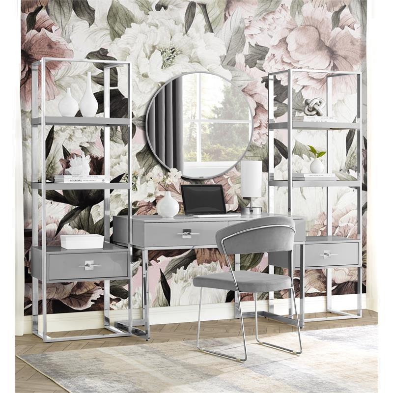 Posh Living Mano Stainless Steel 3-Shelf & 1-Drawer Bookcase Light Gray/Chrome