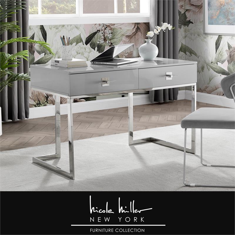 Posh Living Mano 2-Drawers Stainless Steel Base Bedroom Vanity Light Gray/Chrome