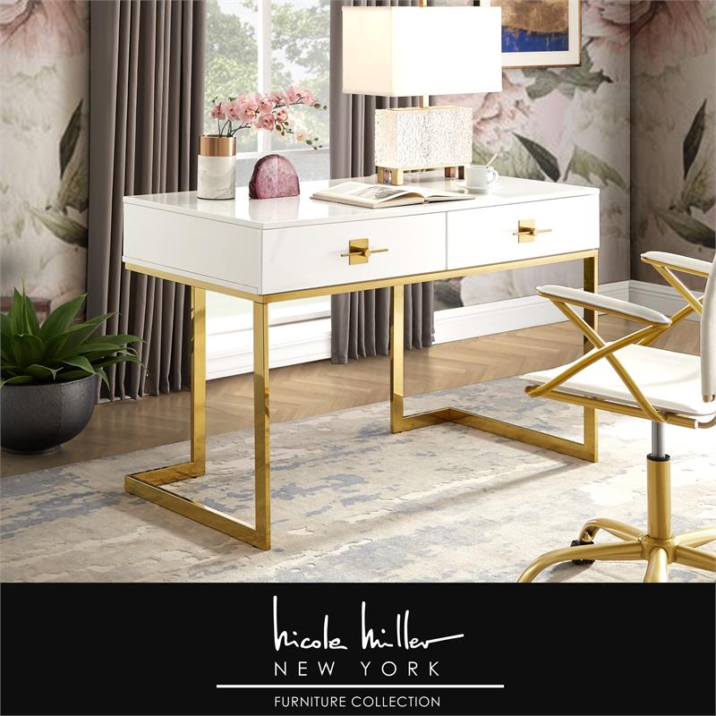 Posh Living Mano 2-Drawers Stainless Steel Base Bedroom Vanity White/Gold