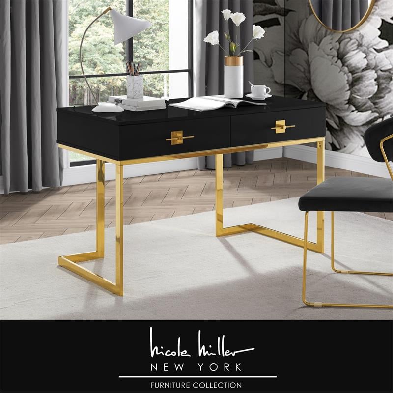 Posh Living Mano 2-Drawers Stainless Steel Base Bedroom Vanity Black/Gold