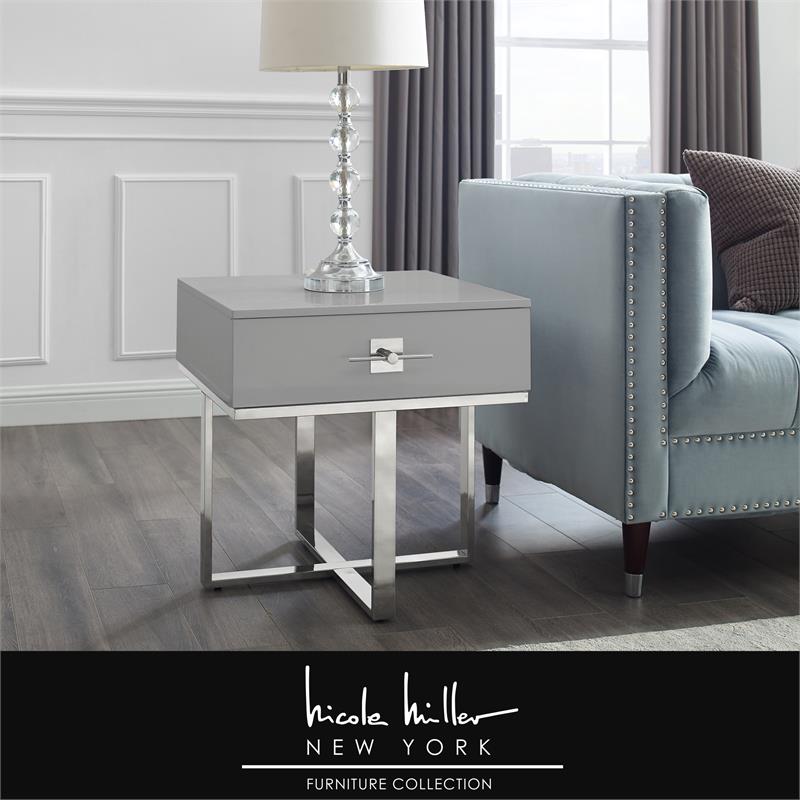 Posh Living Mano 1-Drawer Stainless Steel Base End Table in Light Gray/Chrome