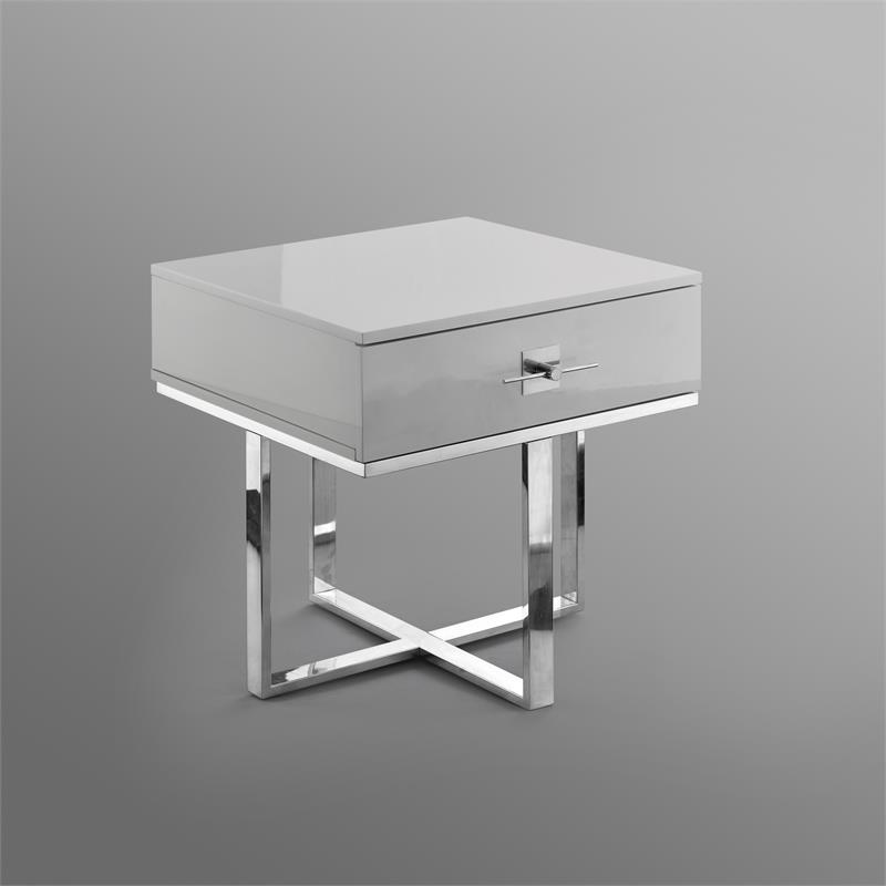 Posh Living Mano 1-Drawer Stainless Steel Base End Table in Light Gray/Chrome