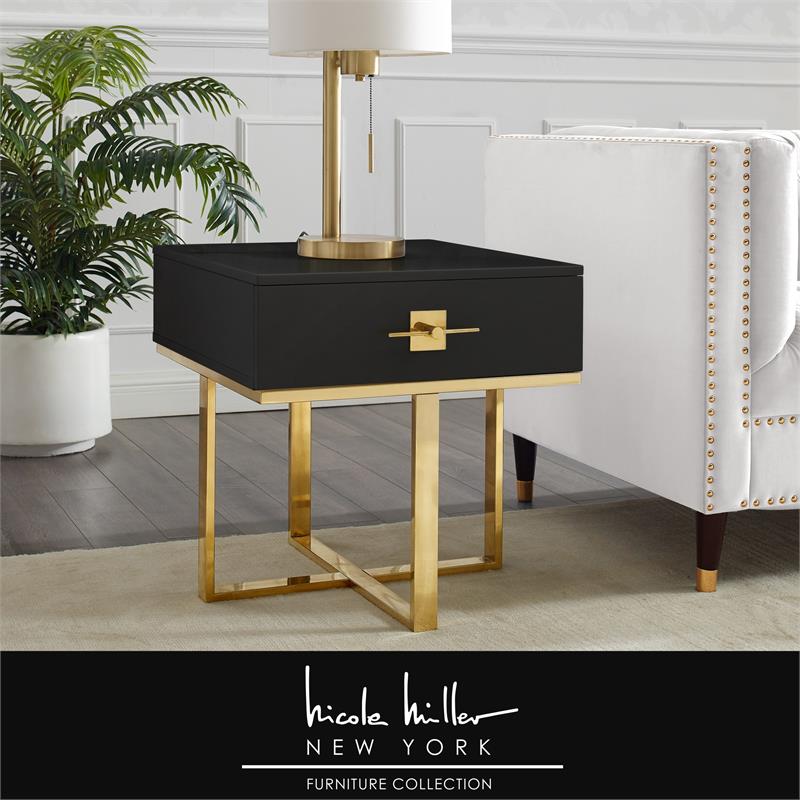 Posh Living Mano 1-Drawer Stainless Steel Base End Table in Black/Gold