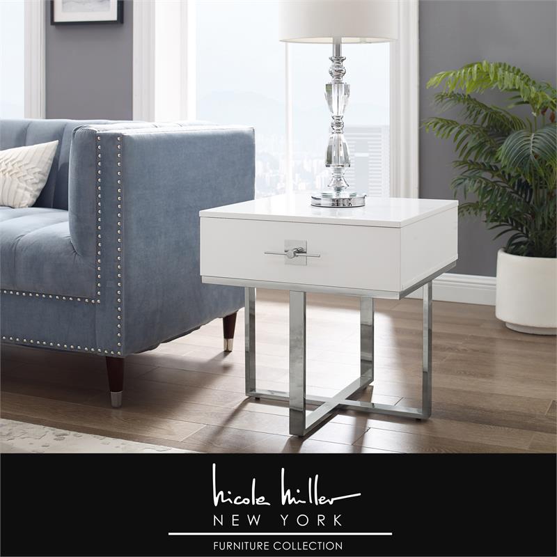 Posh Living Mano 1-Drawer Stainless Steel Base End Table in White/Chrome
