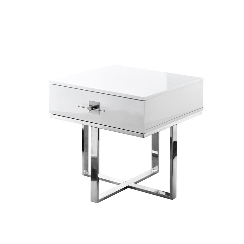 Posh Living Mano 1-Drawer Stainless Steel Base End Table in White/Chrome