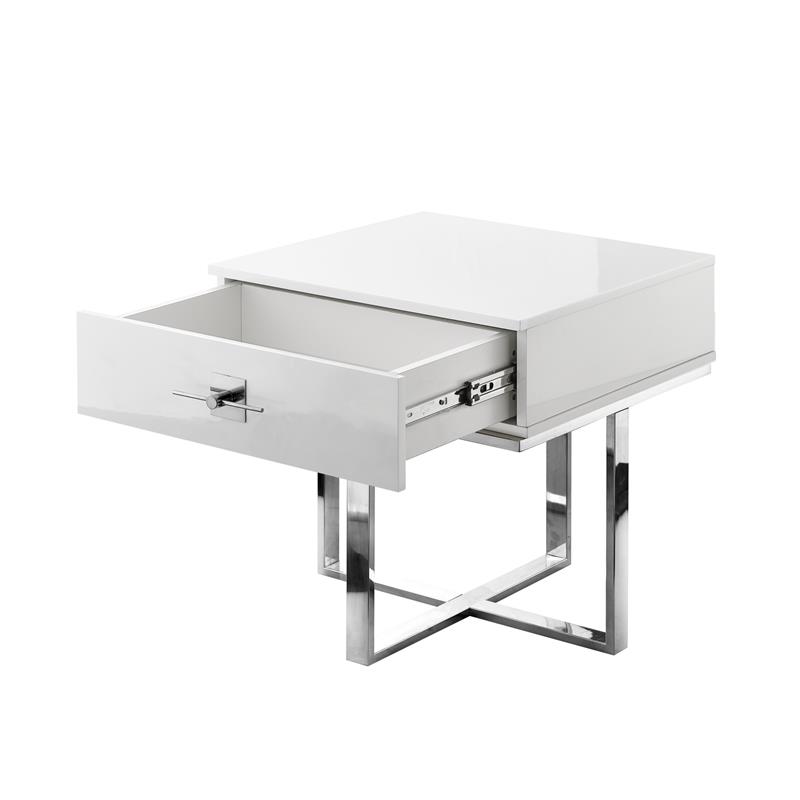 Posh Living Mano 1-Drawer Stainless Steel Base End Table in White/Chrome