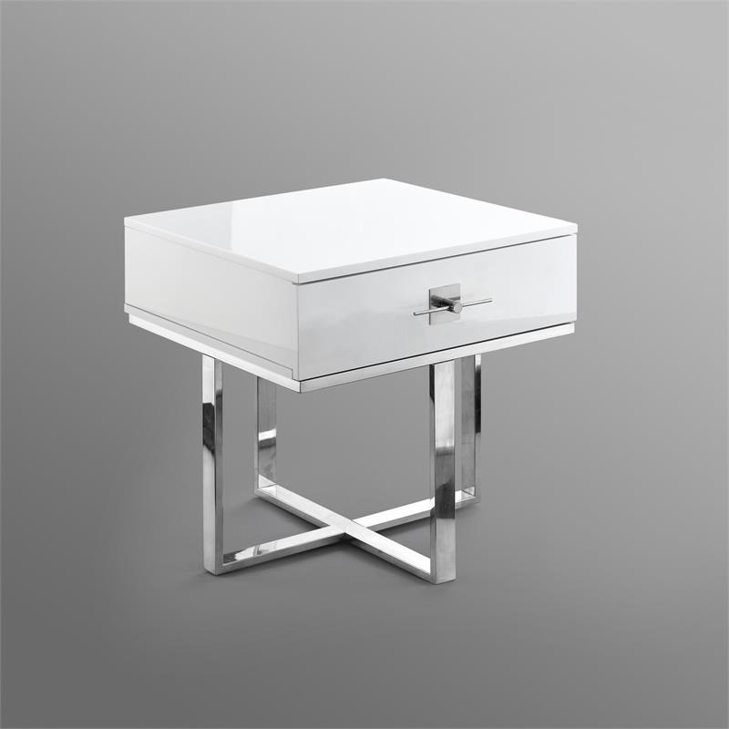 Posh Living Mano 1-Drawer Stainless Steel Base End Table in White/Chrome