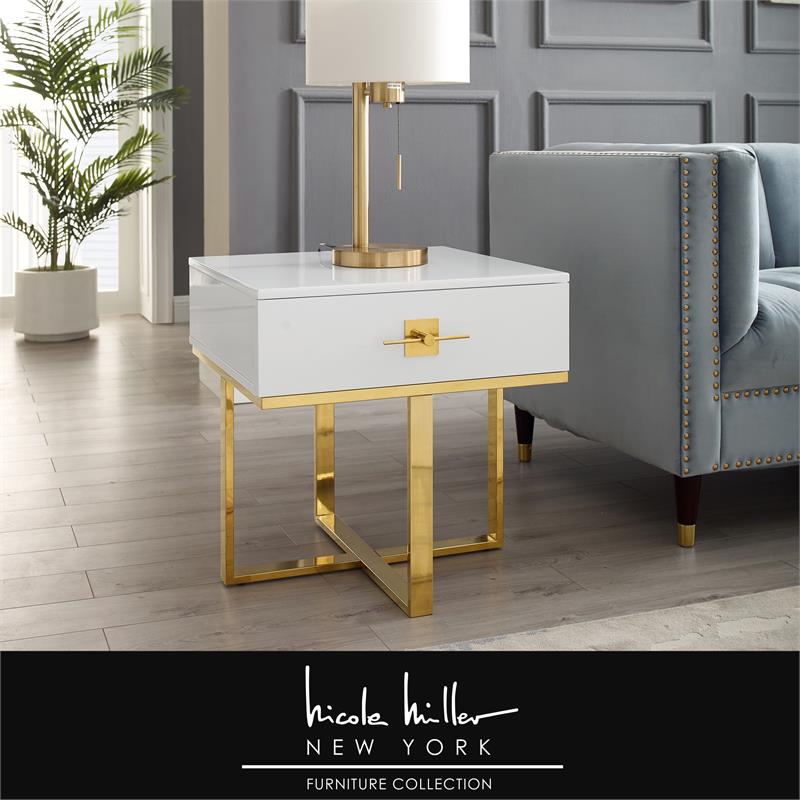 Posh Living Mano 1-Drawer Stainless Steel Base End Table in White/Gold