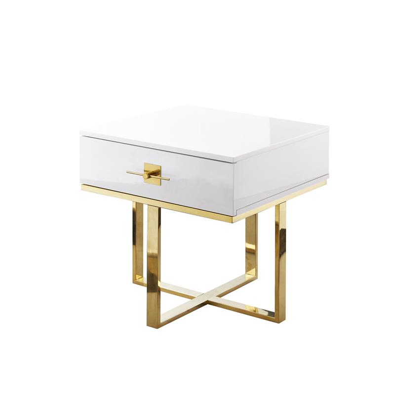 Posh Living Mano 1-Drawer Stainless Steel Base End Table in White/Gold
