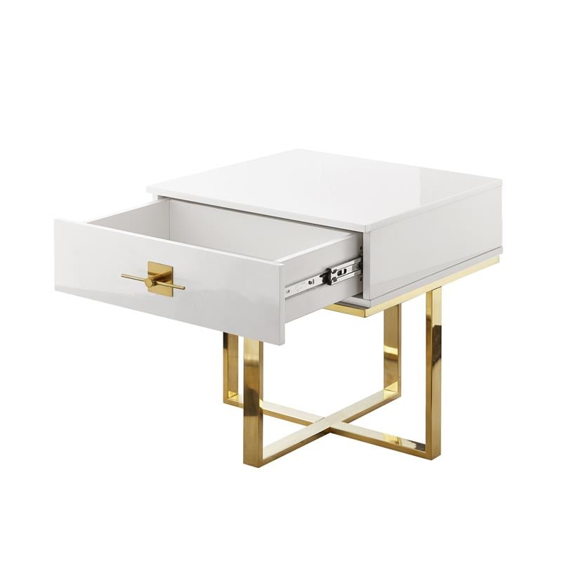 Posh Living Mano 1-Drawer Stainless Steel Base End Table in White/Gold