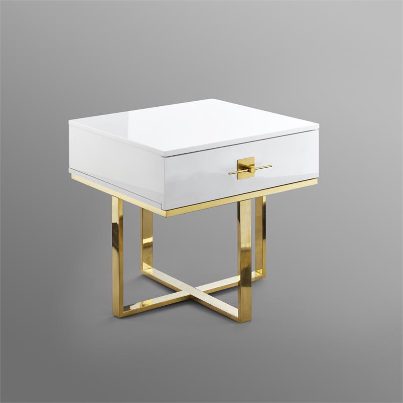 Posh Living Mano 1-Drawer Stainless Steel Base End Table in White/Gold