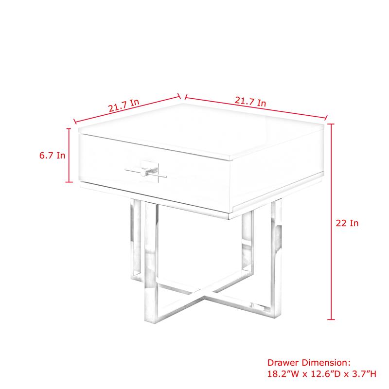 Posh Living Mano 1-Drawer Stainless Steel Base End Table in White/Gold