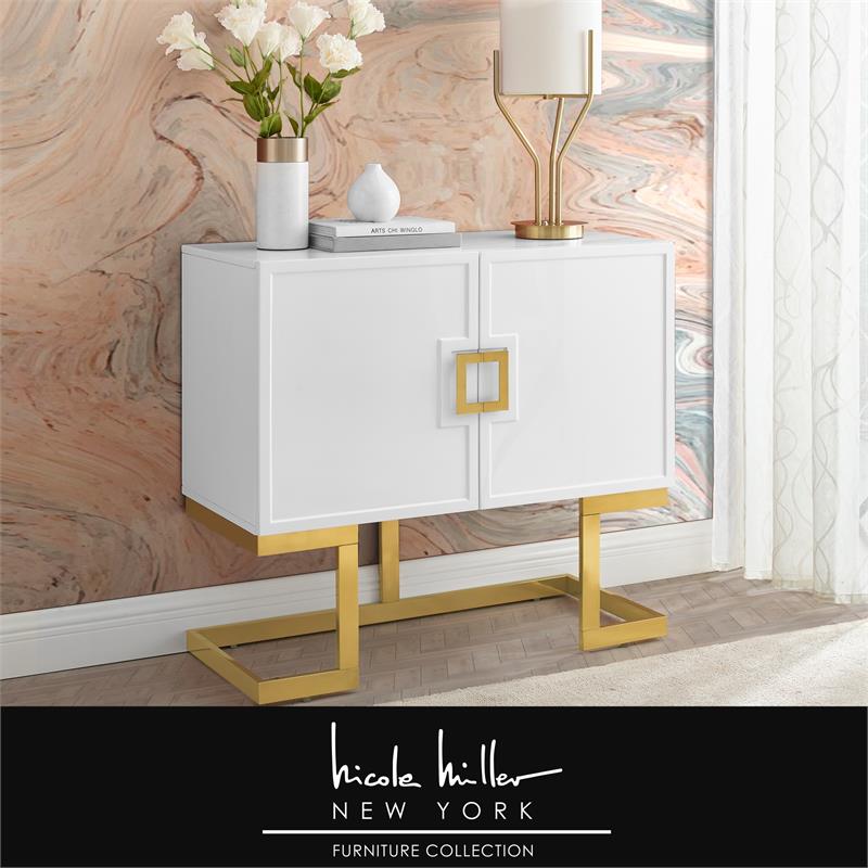 Posh Living Maleia 2-Doors Oak Veneer Wood Accent Chest in White/Gold