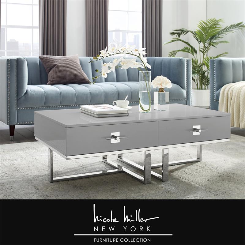 Posh Living Mano 2-Drawers Stainless Steel Base Coffee Table - Light Gray/Chrome