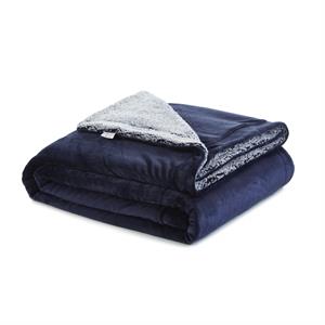Posh Pascal 90&quotx90&quot Reversible Flannel Heathered Sherpa Blanket in Navy Blue
