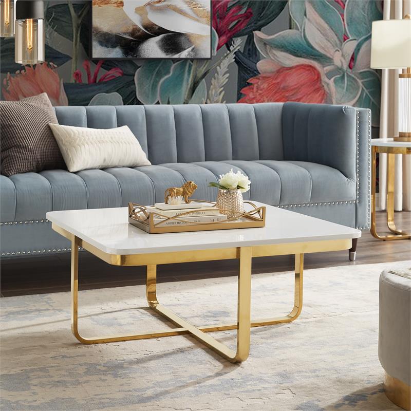 Posh Living Kaloni Modern Stainless Steel Base Coffee Table in White/Gold