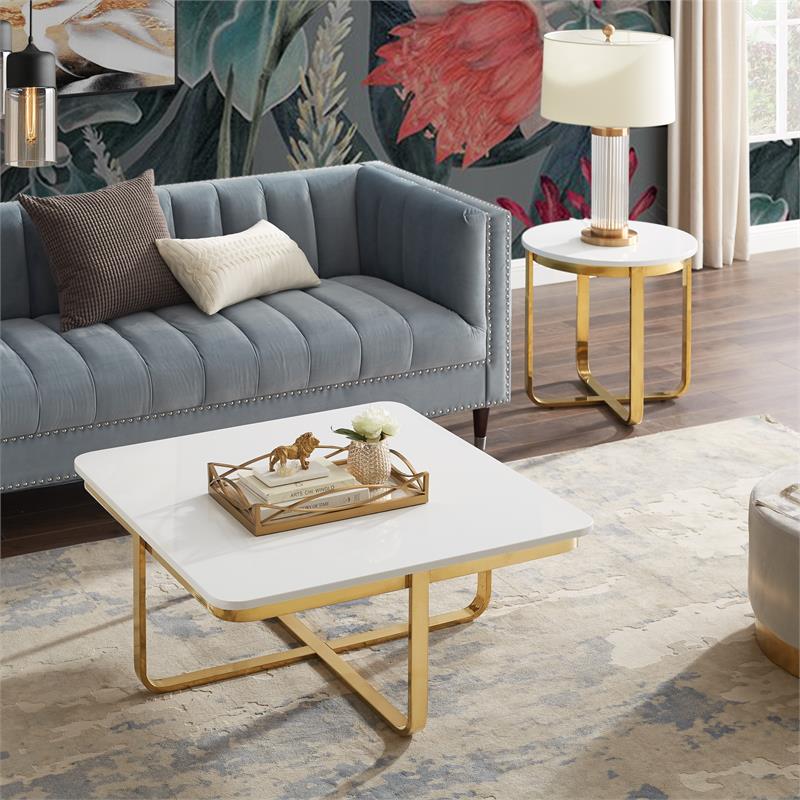Posh Living Kaloni Modern Stainless Steel Base Coffee Table in White/Gold