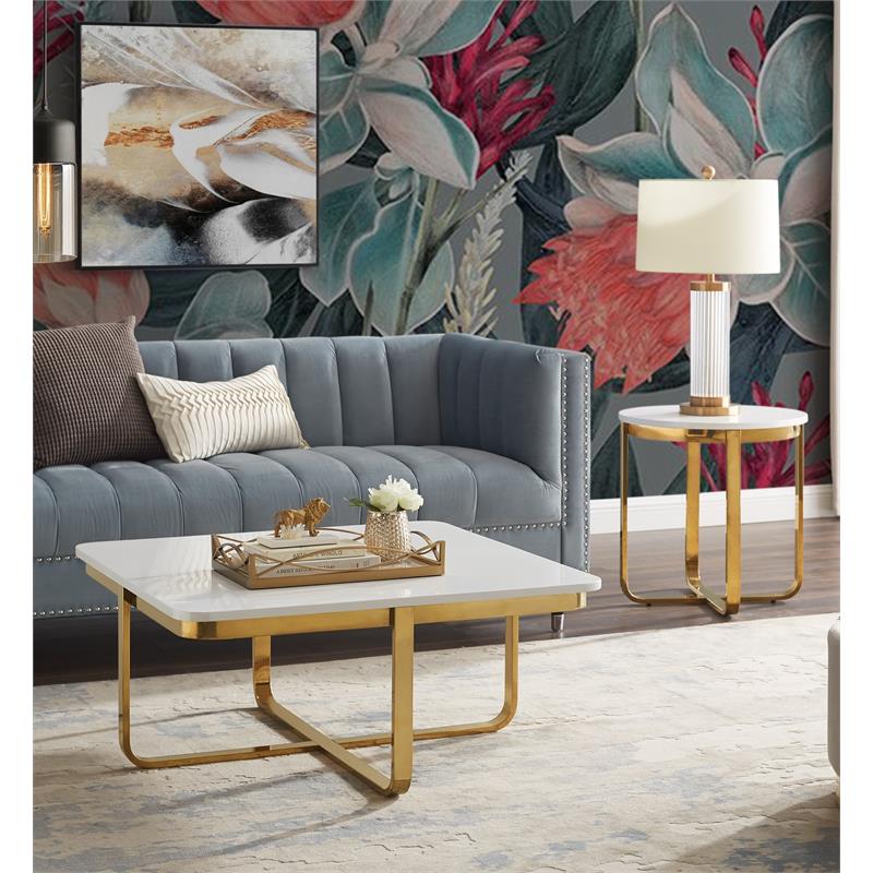 Posh Living Kaloni Modern Stainless Steel Base Coffee Table in White/Gold