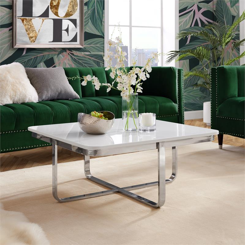 Posh Living Kaloni Modern Stainless Steel Base Coffee Table in White/Chrome